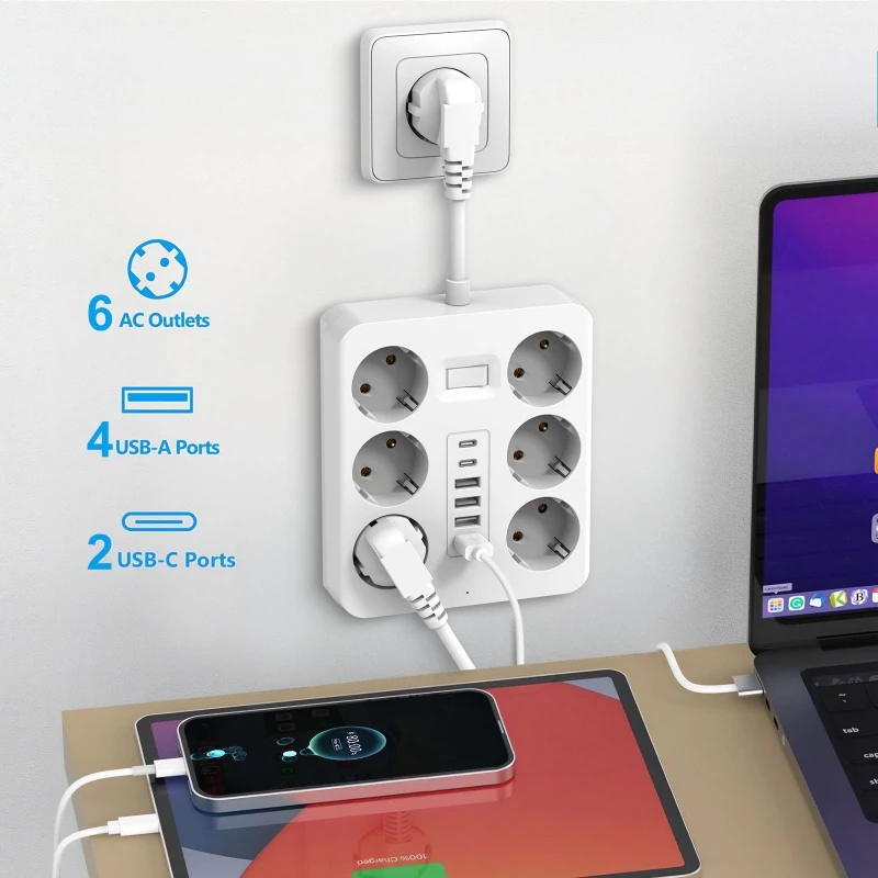 12-in-1 Surge Protection Power Strip Multi-functional Socket with 6 AC Outlets 4 USB-A Ports 2 Type-C Suitable for Home Office