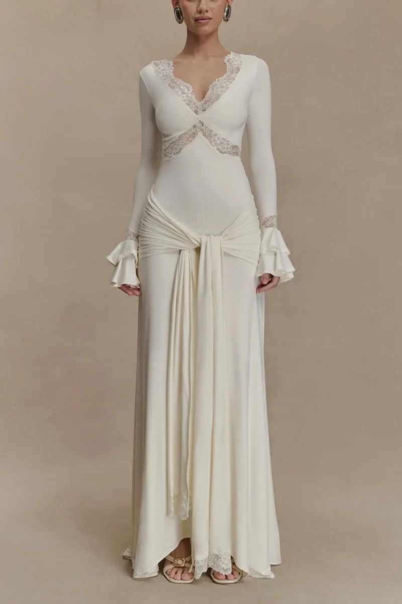 

Long-sleeved Dress With Lace Splicing Bell Sleeves And Ribbons Elegant And Slim-fitting Long Dress For Women Temperament Trendy