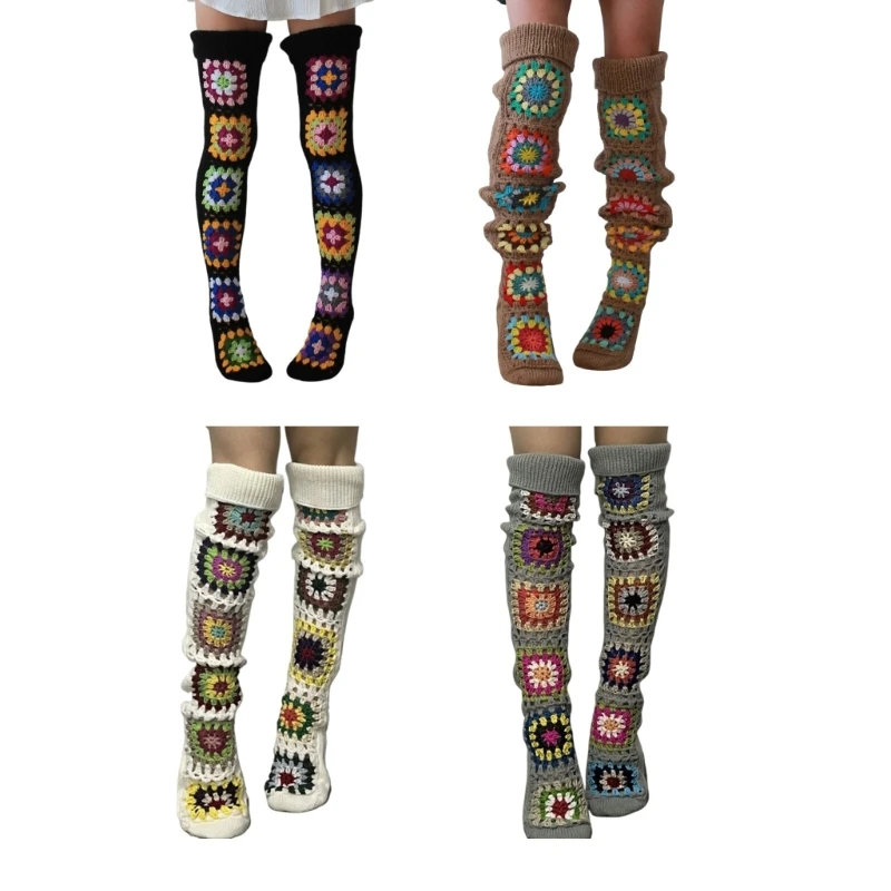 Crochet Knitted Thigh High Stockings Over the Knee Long Tube with Colorful Square Pattern for Women Stretchy Leg Warmers