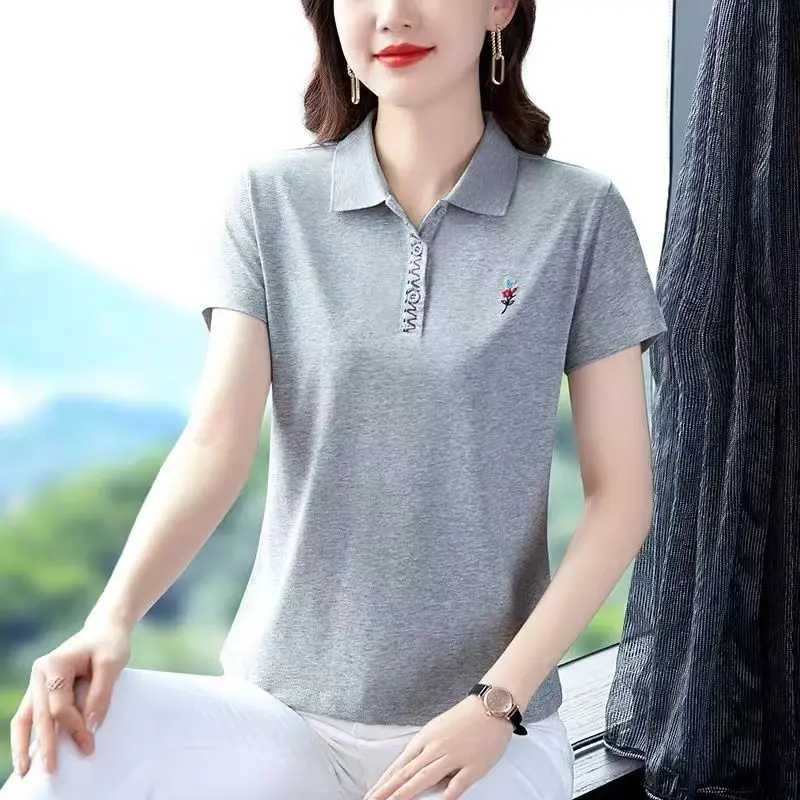 Women\'s Clothing 2024 New Summer Korean Fashion Embroidery Loose Tees Short Sleeve Polo Collar T-shirts Female Casual Solid Tops