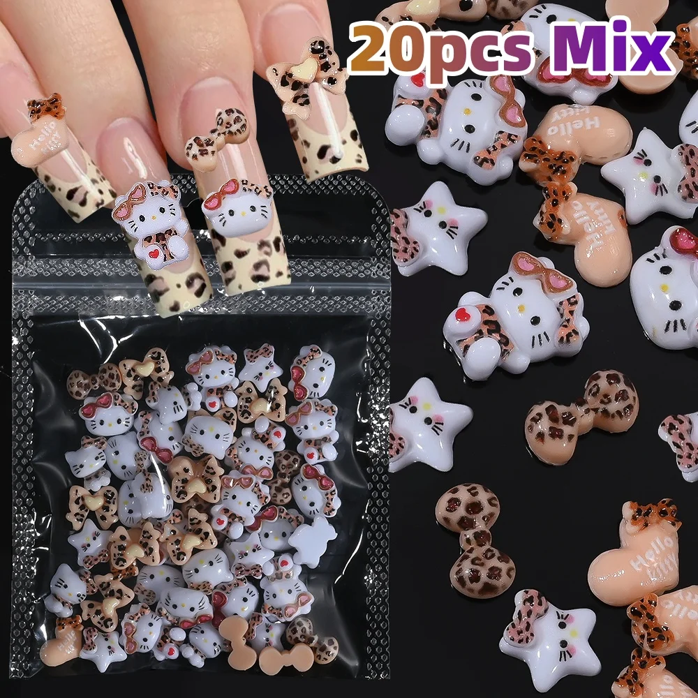 20pcs น่ารักเสือดาวแว่นตากันแดด Hello Kitty เล็บ Charms,ผสมเสือดาวพิมพ์ 3D ริบบิ้นโบว์อุปกรณ์เสริมการ์ตูนตกแต่งเล็บ