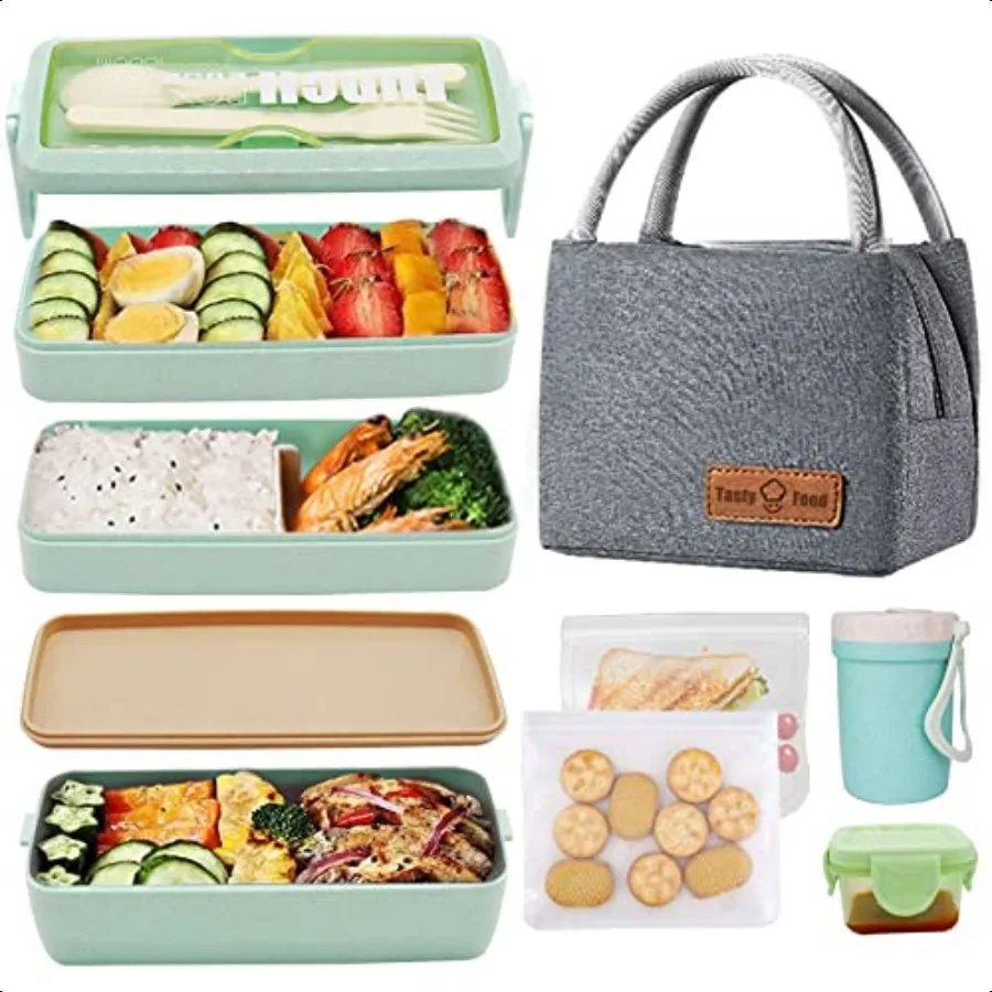

Bento Box Upgrade Japanese Lunch Box Kit3 Layer Stackable Leakproof Lunch Box Containers with Accories Wheat Straw Bento Lunch