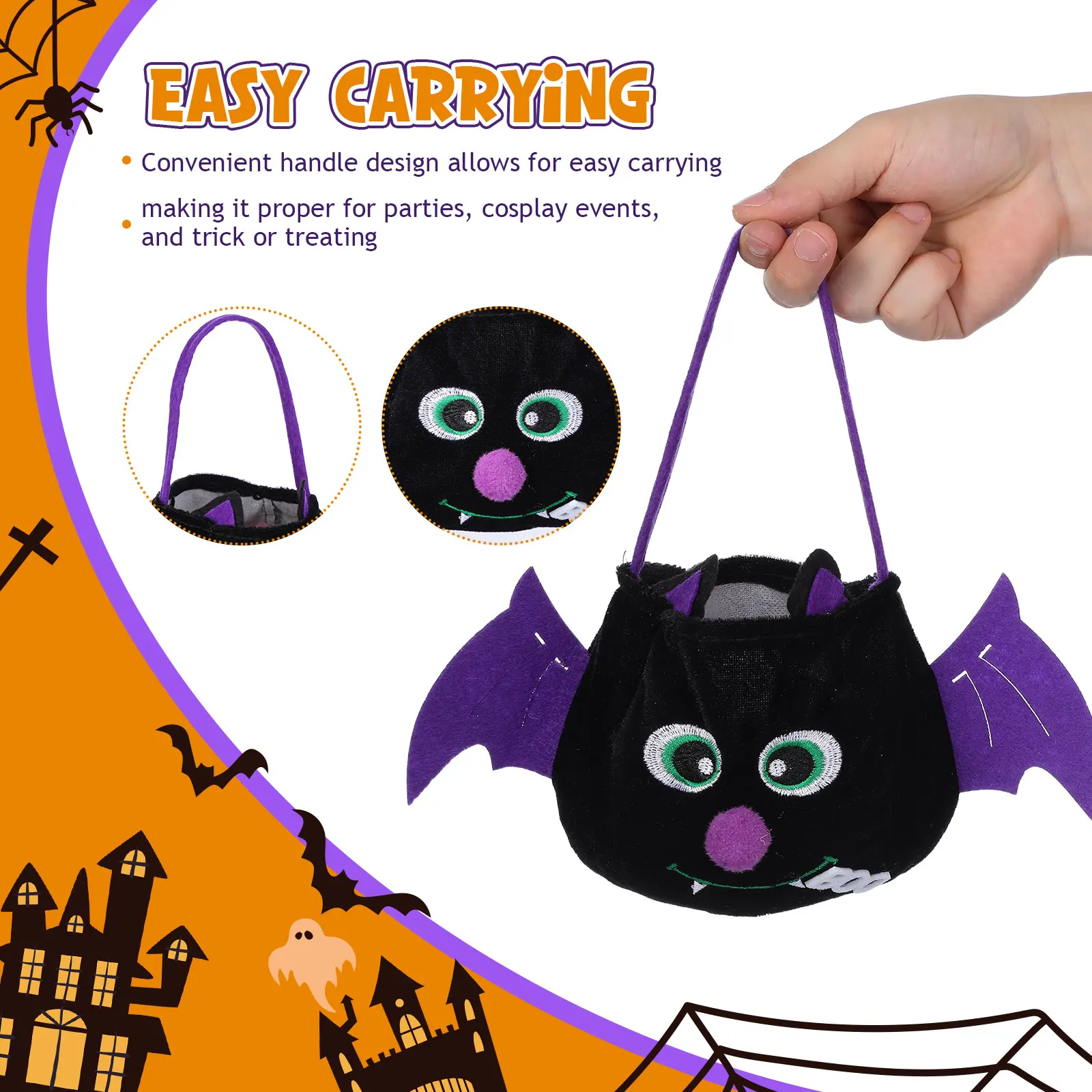 3 قطعة حقيبة حلوى الخفافيش السوداء سعة كبيرة حقيبة حلوى الهالوين الكرتون المحمولة دلو للخدعة أو علاج لصالح الحفلات #3