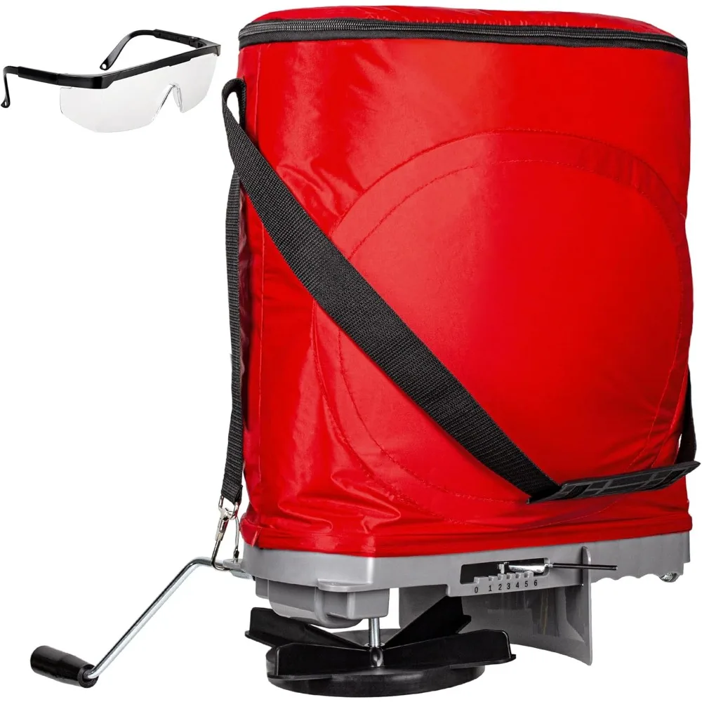 

Ручной разбрасыватель семян для газонов и садов, 25 фунтов, регулируемый ремень, регулировка потока, закрытые шестерни, задний отбойник, доставка по США