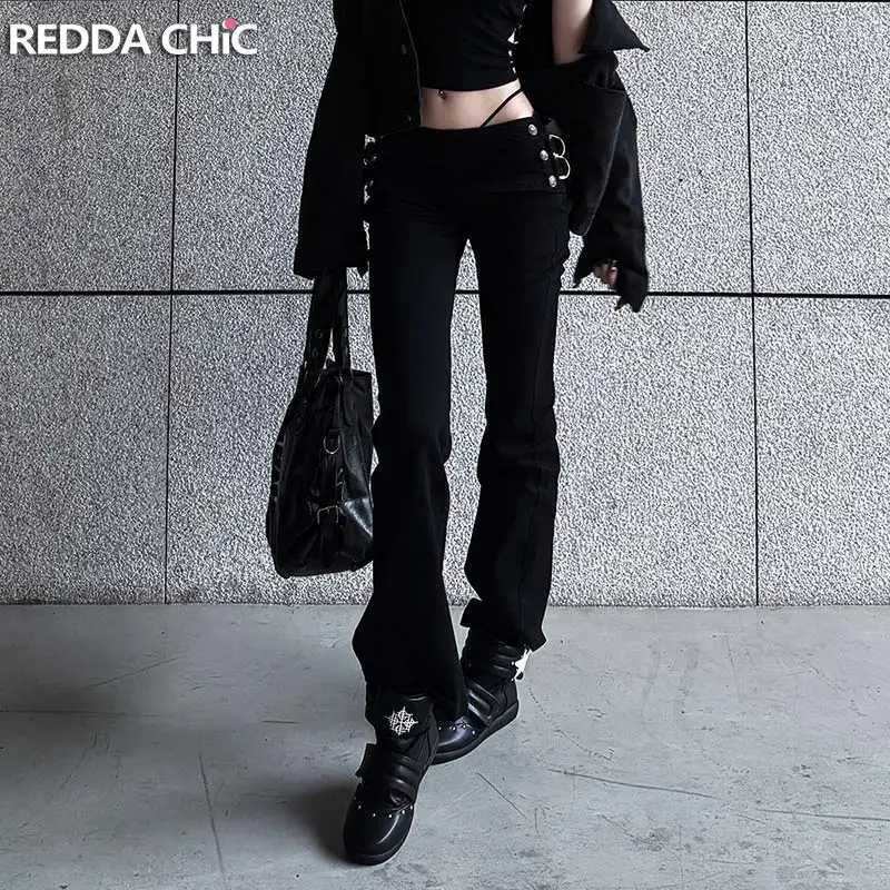 ReddaChic Buckle Belt Women's Napoleon Jeans Y2K Grunge Low Waist Stretchy Skinny Denim Flared Leggings Retro Sexy Streetwear