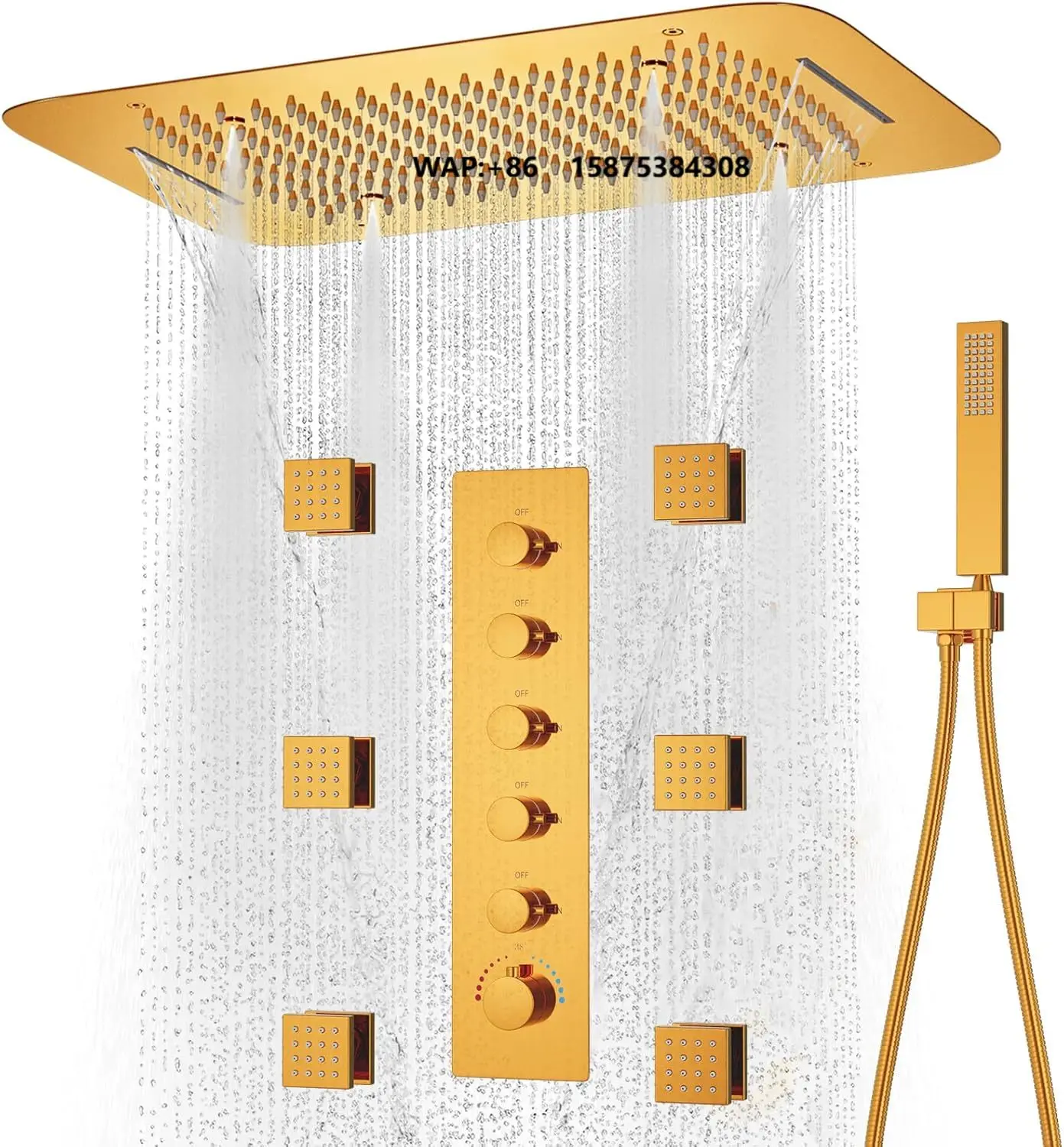 Polished Gold Shower Faucet Set with Body Jets Ceiling Bathroom Luxury Multi Function Thermostatic Full Body Shower System