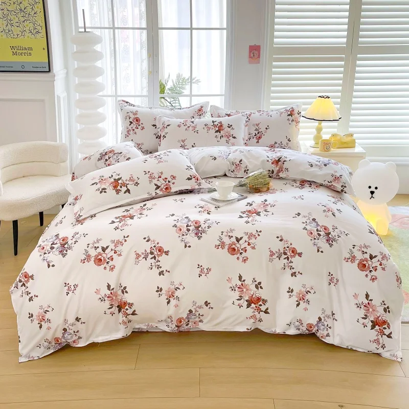 4pcs White Base Rose Floral Bedding Set, Soft Breathable Bed Linen with Duvet Cover, Pillowcases & Sheet, Full/Queen/King Size