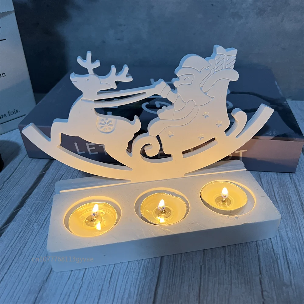 Santa Claus Pull Christmas Sled Plugin Decoration Candle Holder Silicone Mould DIY Pouring Cement Concrete Gypsum Silicone Mold