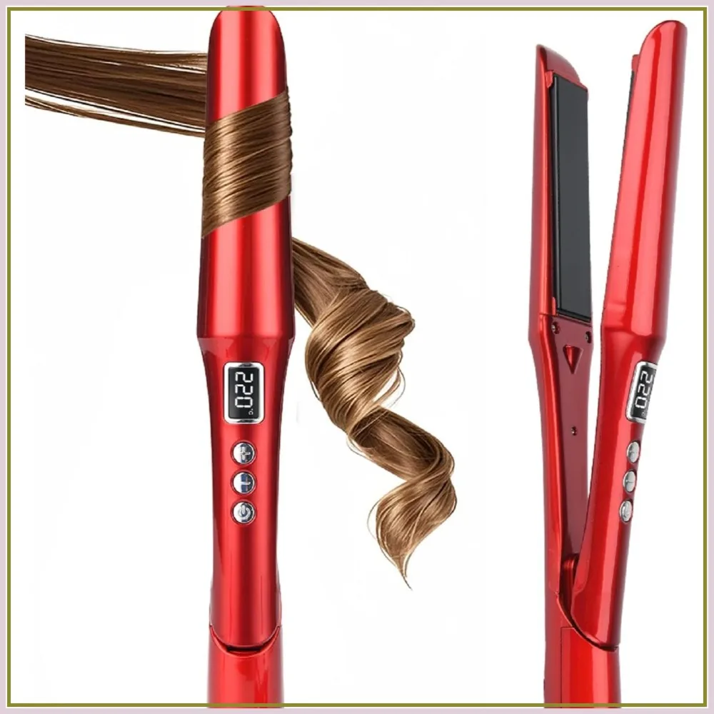 

2-in-1 Hair Straightener & Curler, Titanium Plates, Fast Heat-Up, Ionic, Dual Voltage, Red