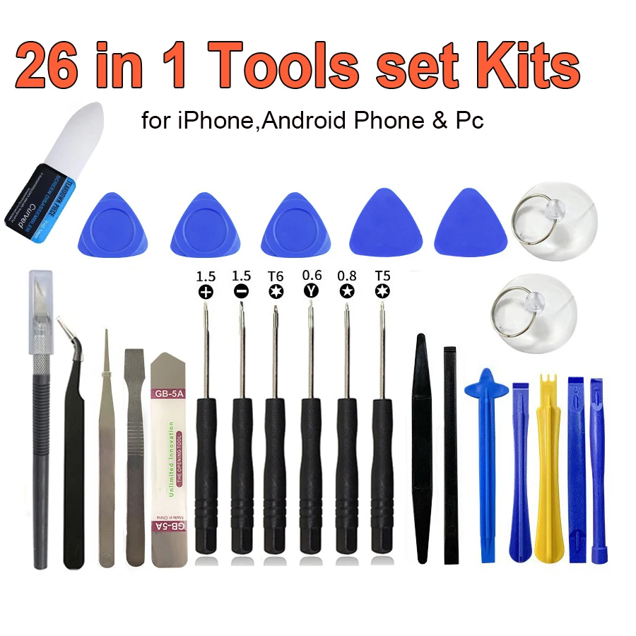 Profesional 26 en 1 Kit de Herramientas de Reparación de Celulares con Destornilladores Palancas y Ventosa para iPhone Samsung Xiaomi