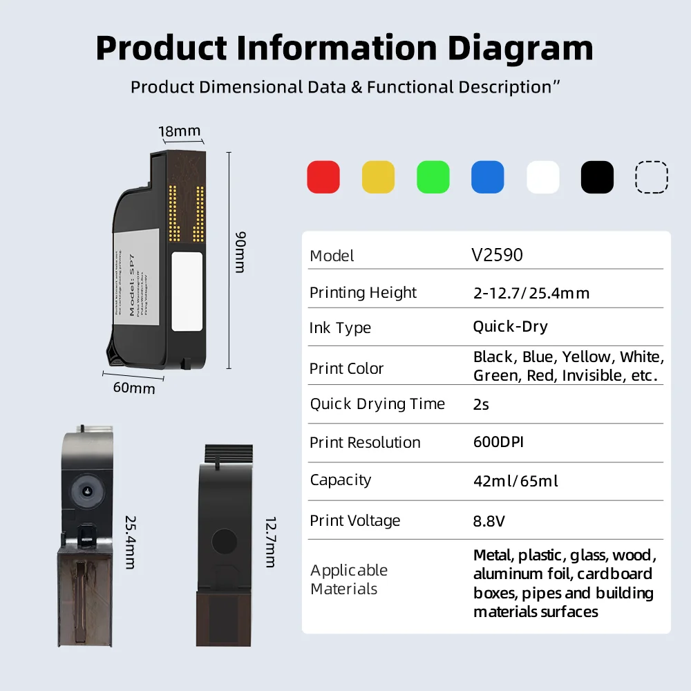 WILLITA 12.7mm V2590 Quick-Drying Ink Cartridge Original Factory Black White Yellow Red Ink 42Ml Large Capacity High Adhesion - view 2