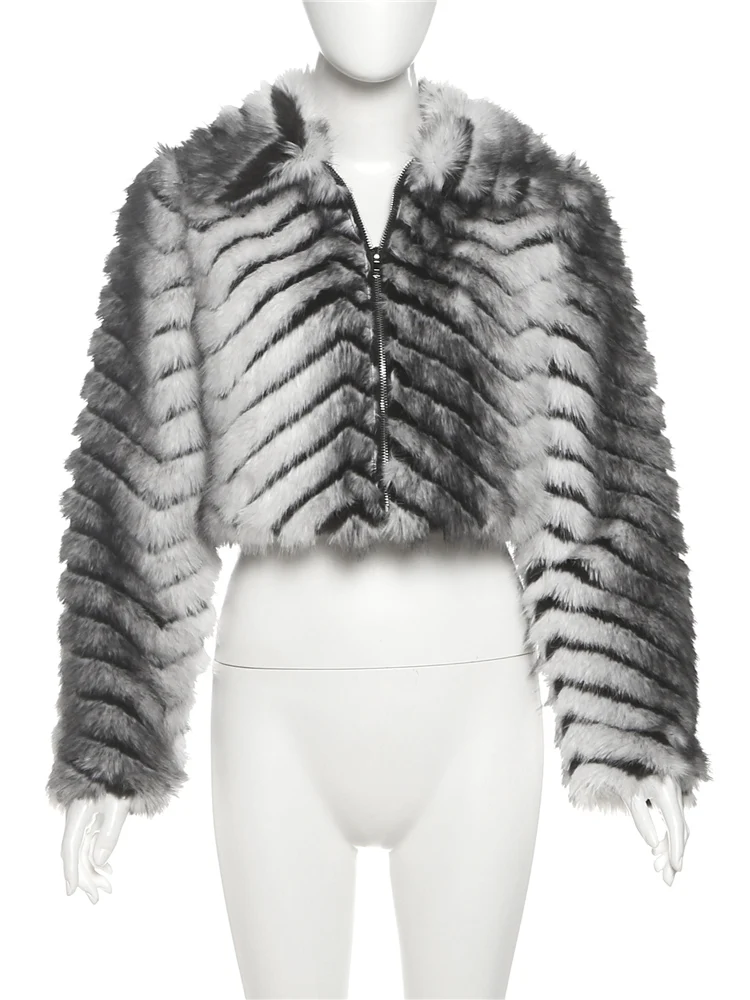 Sisterlinda Fluff Patchwork manteaux femme hiver chaud contraste rayure Zip Cardigan à manches longues filles chaudes rue Style sauvage vestes