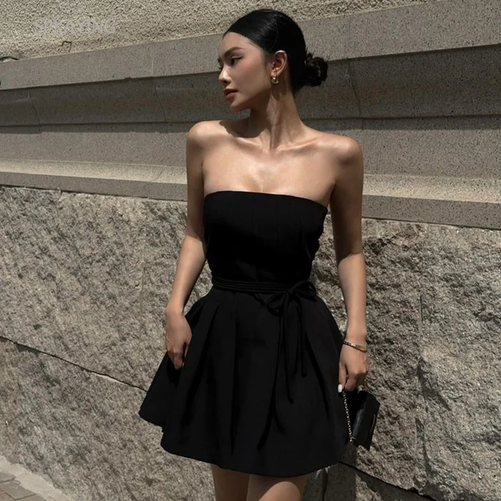 

SPRAYING Black Dresses Simple Elegant Party Dresses Custom Made Strapless A-line Above Knee Mini Prom Gown Sleeveless Mono