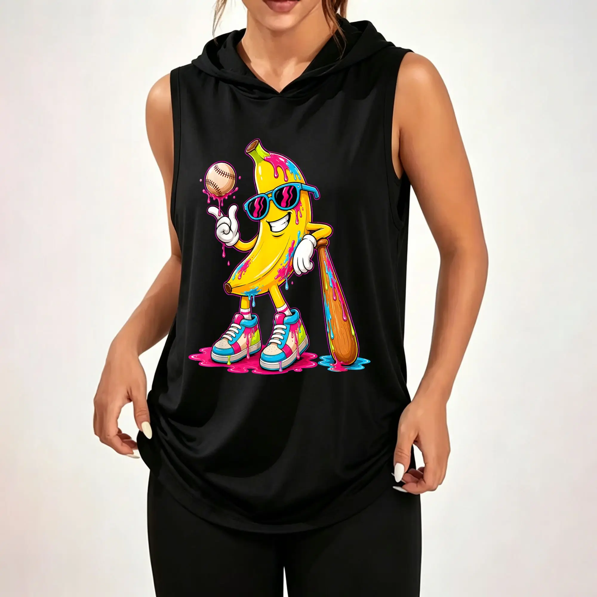 Women's Sleeveless Hoodie, Cartoon Banana Baseball Player Colorful Drip Graffiti Graphic Print Casual Hooded Tank Top