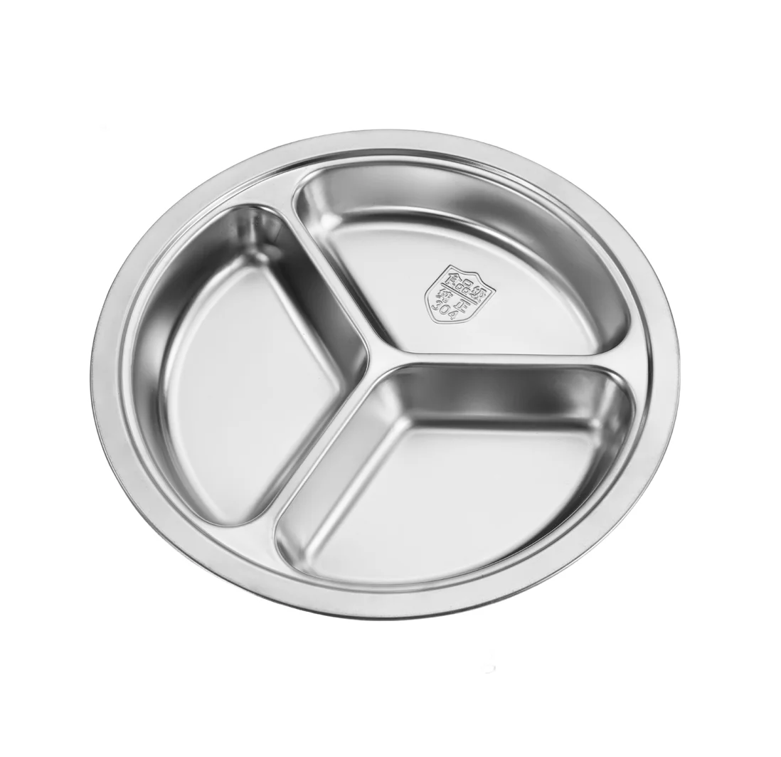 Stainless Steel Dinner Plate 3 Sections Round Divided Dish Children Fruit Snack Tray Baby Bowls Kitchen Tableware