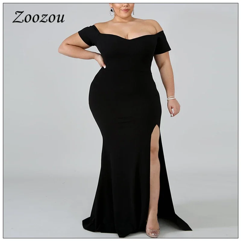 Side Open Prom Formal Party Maxi Dress For Women Plus Size 4XL Elegant Off Shoulder Dresses Summer Black Short Sleeve Long Dress