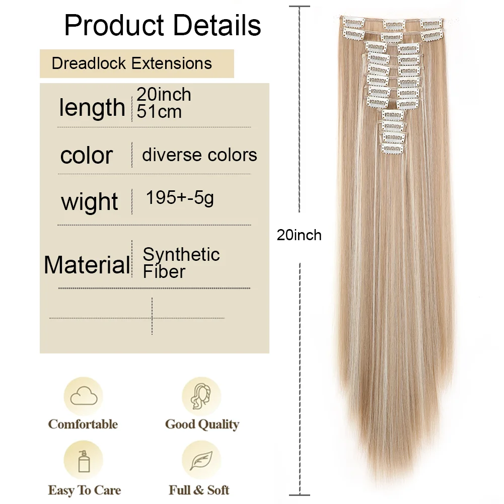 12pcs/set Clip in Hair Extensions  Long Straight Hairstyle 22 Clips Synthetic Hairpieces for Women