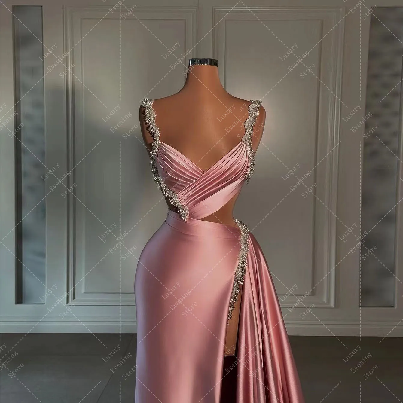 Luxury Celebrity Mermaid Evening Dresses For Woman V Neck Spaghetti Strap Sexy Side High Split Satin Formal Elegant Prom Gowns