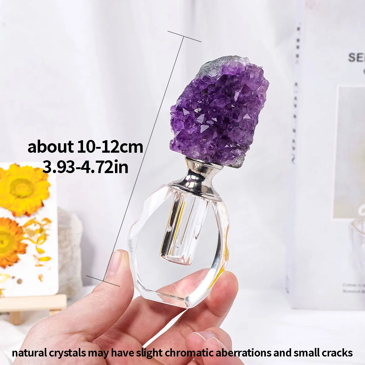 1PC Natural Crystal Gem Amethyst Cluster Healing Stone Essential Oil Bottle Empty Refillable Perfume Dropper Bottle