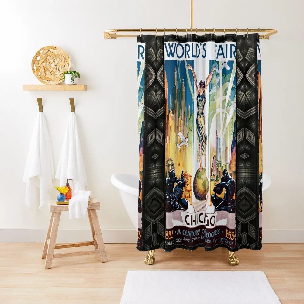 Chicago World's Fair - A Century of Progress Vintage Art Poster Shower Curtain Bathroom Fabric Shower Bath Curtain