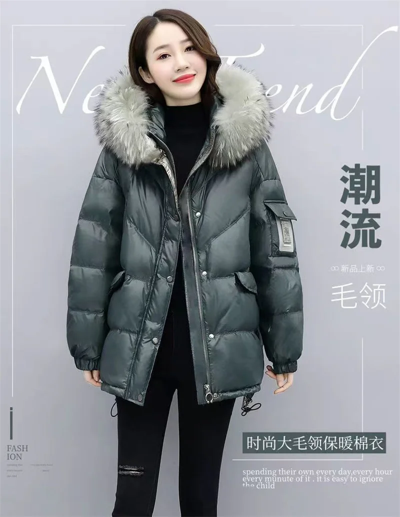 Down Cotton Jacket 2026 New Women's Mid Length Korean Version Loose Fitting Thick Jacket Large Woolen Collar Winter Hooded Outfi