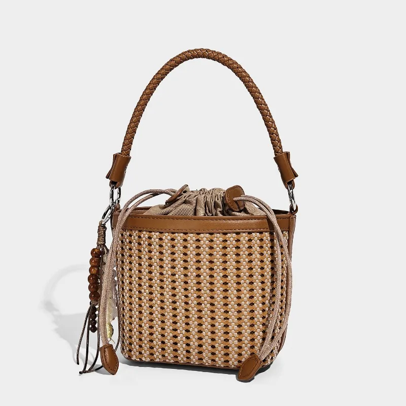 

Vintage Exquisite Women's Wallet Cowhide Woven Shoulder Bag Canvas Inner Bag Travel Organizer Daily Commuting Storage Box