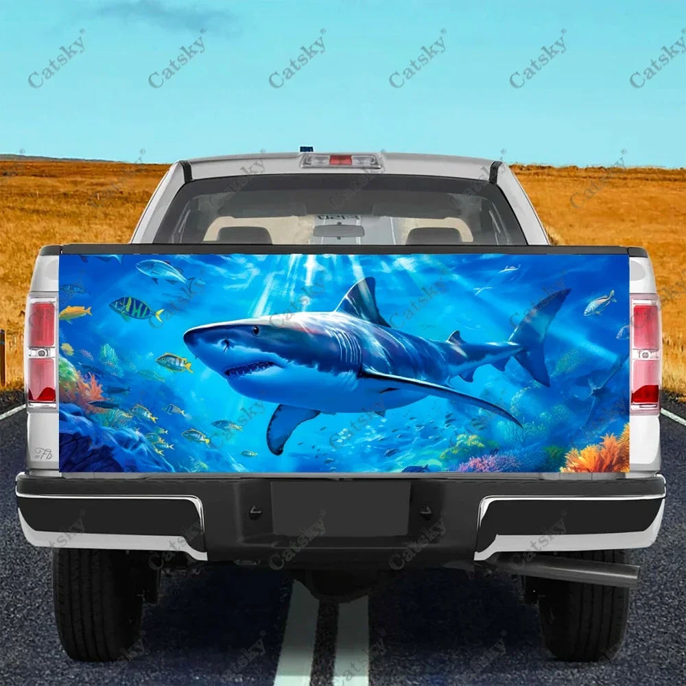 Angry Shark With Open Mouth Truck Tailgate Wrap Professional Grade Material Universal Fit for Full Size Trucks Weatherproof