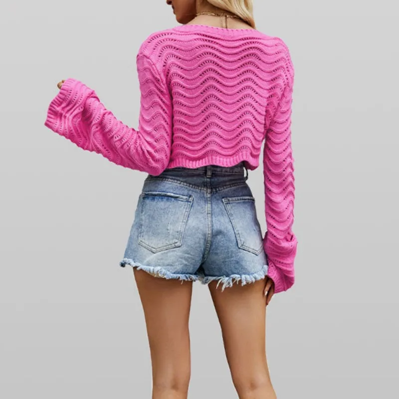 Spring Women's Fashion Hollow Out Wave Pattern Crop Knitted T-shirt Temperament Commuting Female Long Sleeve Casual Pullover Top