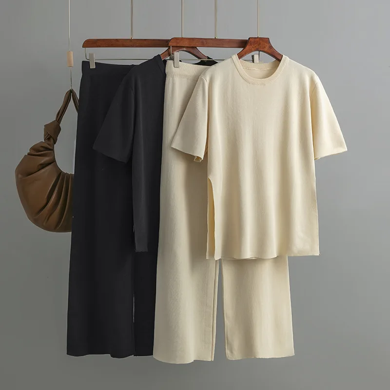 Summer Casual Solid Color Knitted Suit Button Round Neck Short Sleeve + Long Wide Leg Pants Two-piece Set