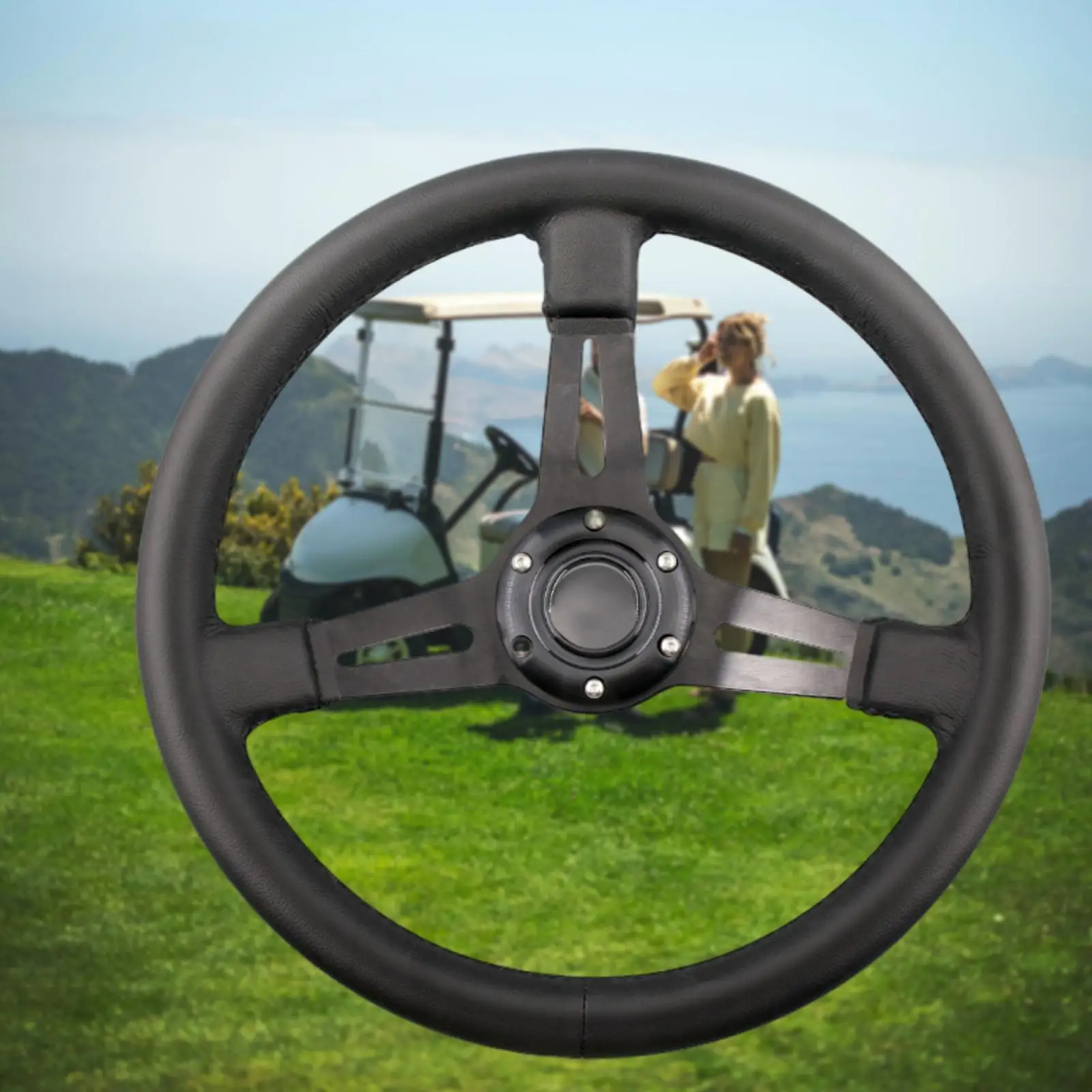 

Black Leather Golf Cart Steering Wheel with Aluminum Frame Hand Sewn Design for Golf Equipment and Accessories