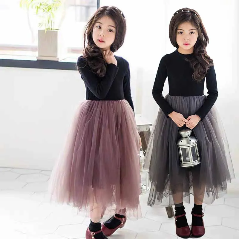 

Girls Long Sleeved Dress Autumn Winter Big Kids Fluffy Gauze Skirt Teen Performance Princess Dress Children Clothing 4-12 Years