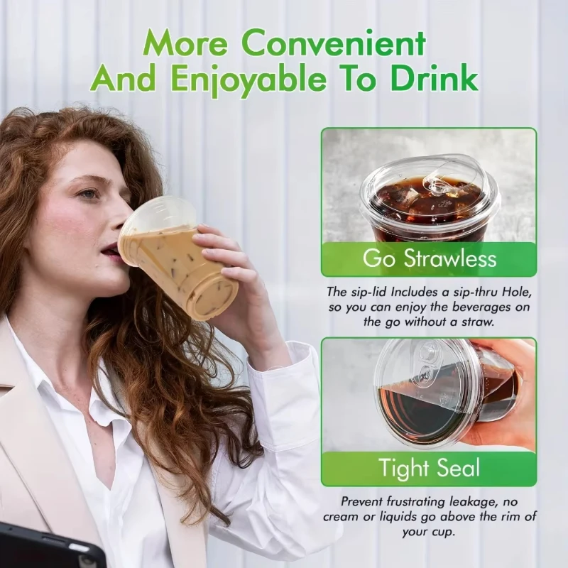 

50Set Plastic Drinking Cups with Strawless Sip Lids, Disposable Cups for Cold Drinks, BPA Free - for Christmas, Halloween, Party
