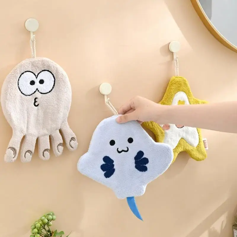 1Pc Cartoon Marine Organism Hand Towel Quick Drying Kitchen Towel Cleaning Rag Coral Velvet Absorbent Hanging Towel Bathroom