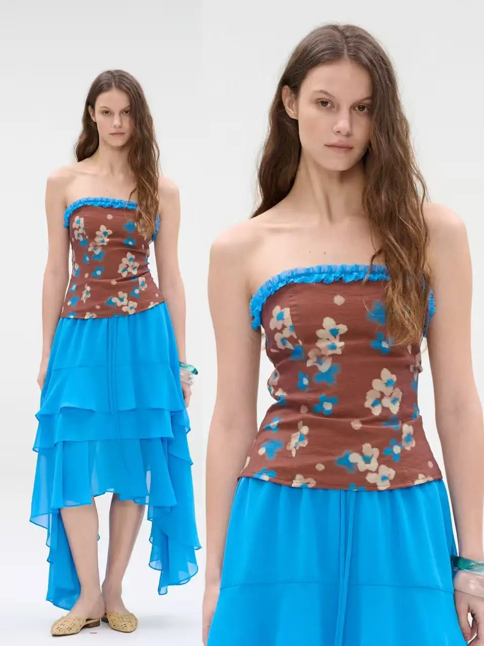 

Оригинальный комплект с романтическим принтом: асимметричная юбка и топ с коротким рукавом из трикотажа с косами для женщин, весна-лето