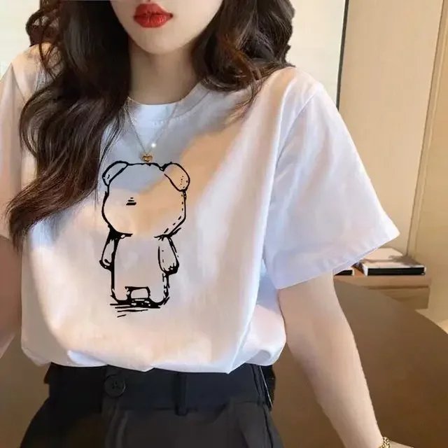 Korean Minimalist Teddy Bear Print Short Sleeved Design Feeling Niche T-shirt Women's Summer Oversized Loose Casual Top T-shirt