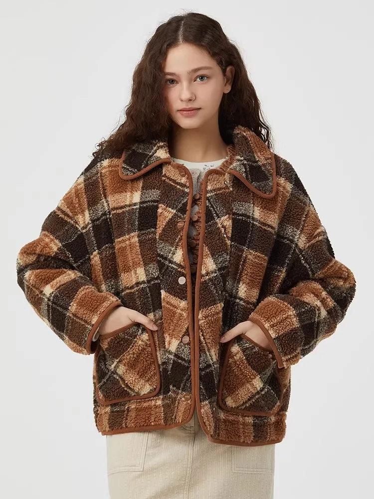 

MICOAT Retro Warm Island 25 Autumn Winter Plaid Fleece Lined Loose Short Cotton Jacket Women's Outerwear Stylish Button up Coat