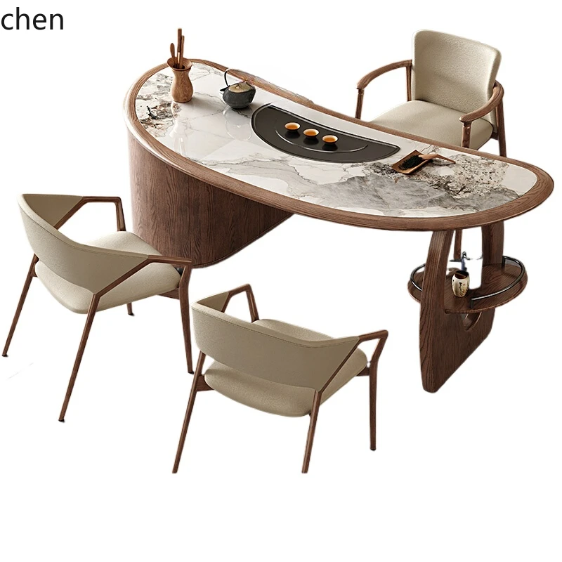 

HTT new Chinese-style home balcony solid wood curved rock slab tea table and chair combination modern and simple