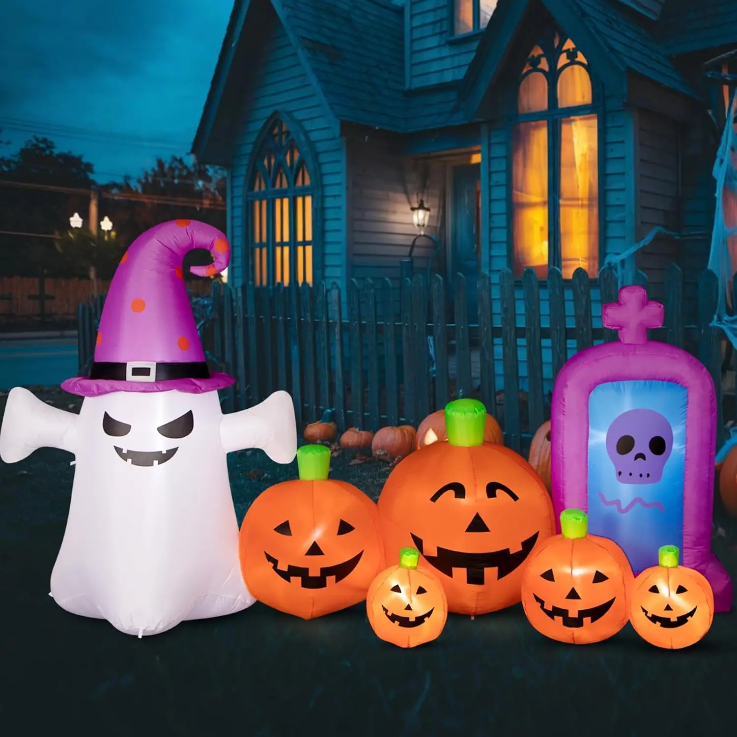 Halloween Decorations Outdoors 8FT Long Inflatable Pumpkin with Ghost and Skull Tombstone Scary Blow Up Halloween Pumpkin Decora