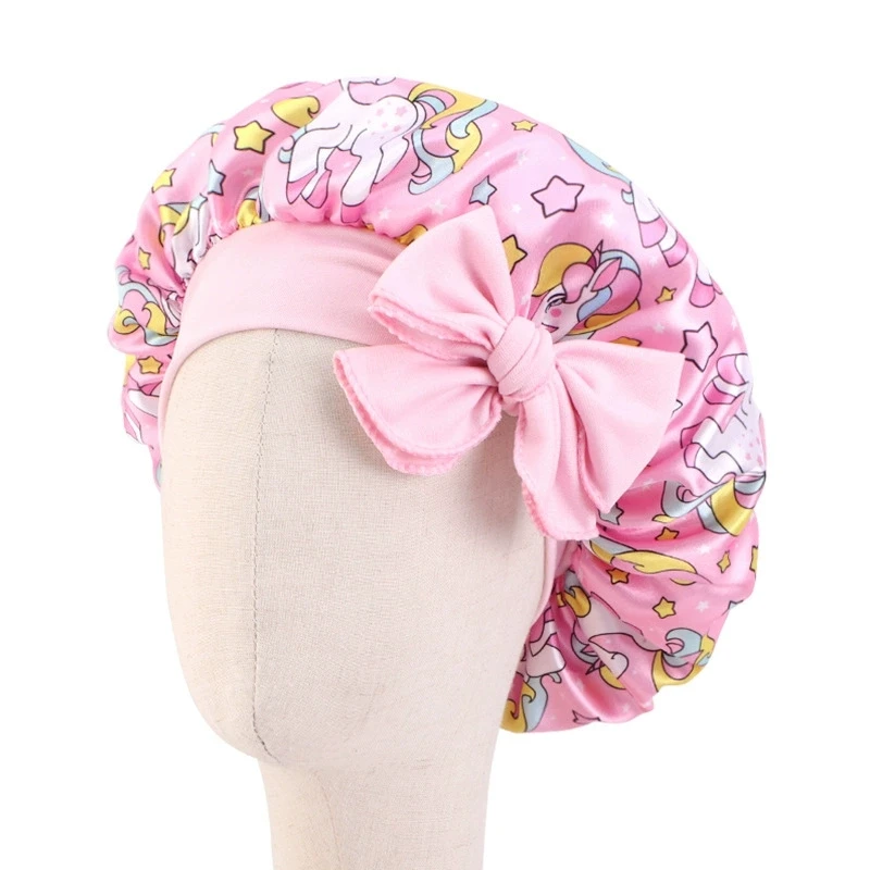 Cute Cartoon Pony Fruit Print Satin Hat for Children Girl Night Sleeping Bonnet Silk Bow Ribbon Hair Cap Kids Hair Protect Hats