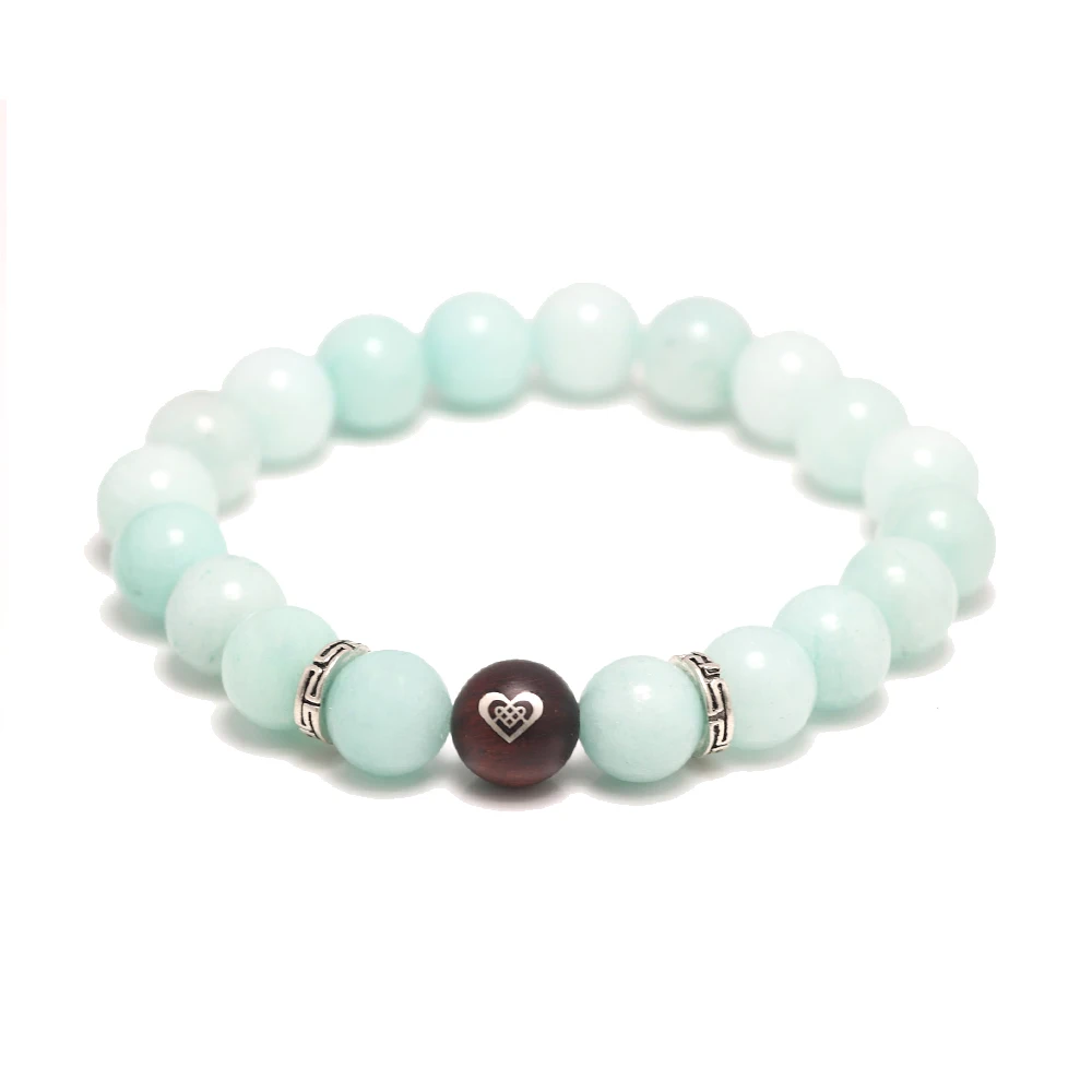 Natural Amazonite and Heart-shape Sandalwood Beads Bracelet with 925 Sterling Silver Accessories Jewelry for Men and Women