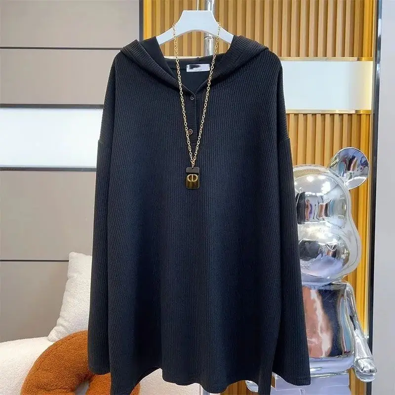 Spring Autumn New Women\'s Plus Size Solid Color Hooded Casual Long Sleeve Fashion Simplicity Stripe Loose Versatile T-shirt Top