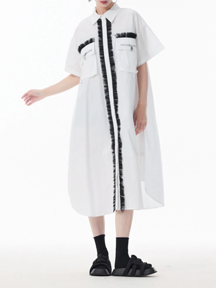 Yermora feminino branco emendado malha babados botão vestido casual lapela manga curta solta fashoin maré primavera verão 2025 novo