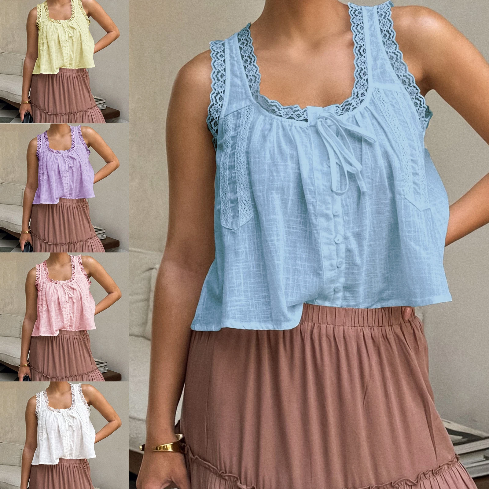 Women Soild Loose Tank Tops Casual Summer Lace Patchwork U-Neck Sleeveless Shirt Basic Vest Aesthetic Clothes for Streetwear