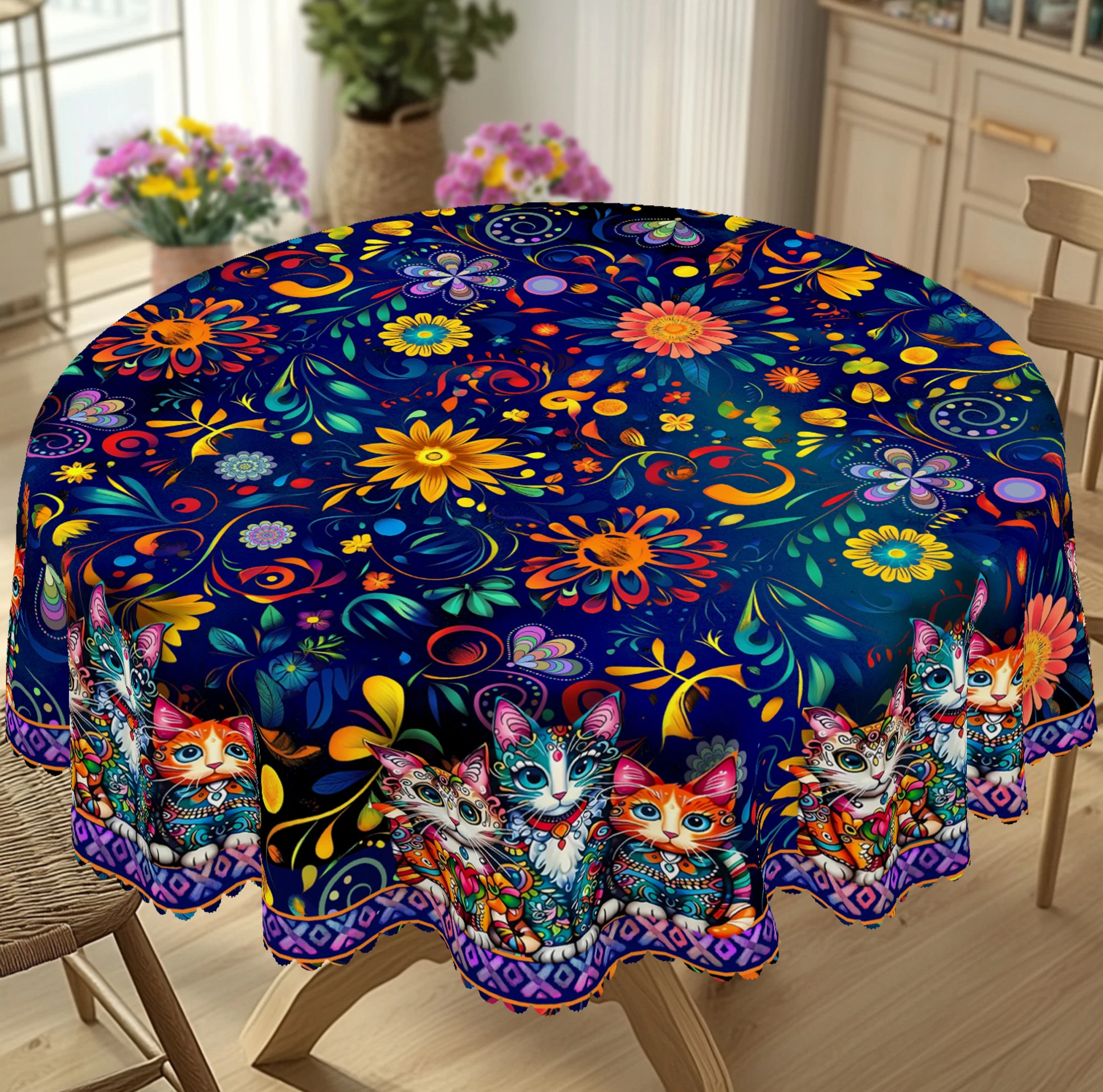 1-delig rond tafelkleed met kattenpatroon in Boheemse Marokkaanse stijl, retro kleurrijke exotische kat, rechthoekig tafelkleed met bloemenprint, tafelkleed voor thuis, binnen en buiten,