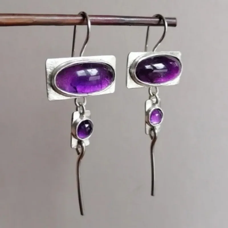 Vintage Design Oval Inlaid with Purple Stones Women's Earrings Ethnic Silver Color Metal Square Dangle Earrings Woman Jewelry