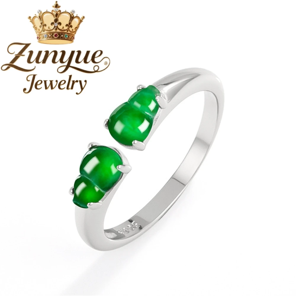 

S925 Silver Inlaid Natural A-Grade Jade Double Gourd Yang Green Ice Type Jade Ring Fashionable Jadeite Ring Adjustable For Women