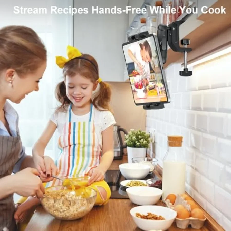 Penyangga Tablet iPad di Bawah Kabinet Dapur, Penyangga Tablet iPad di Meja dengan Penjepit, Basis Aluminium, Lengan Logam, Rotasi 360 Derajat, Kompatibel dengan