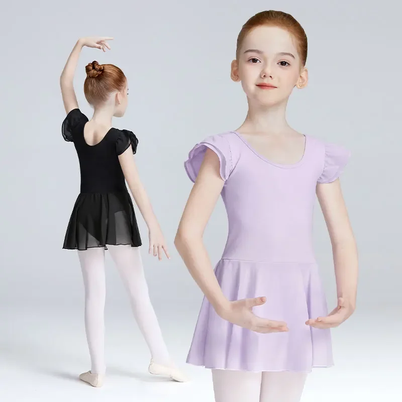 Girls Ballet Leotard Dress Ruffle Sleeve Leotard Toddlers Kids Tutu Dress Ballet Dance Skate Gymnastics Practice Dress