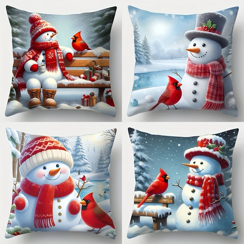 Christmas‑Themed Printed Pillow Covers with Snowman and Cardinal Patterns, Single‑Sided Print Zipper Closure Polyester Cushion C