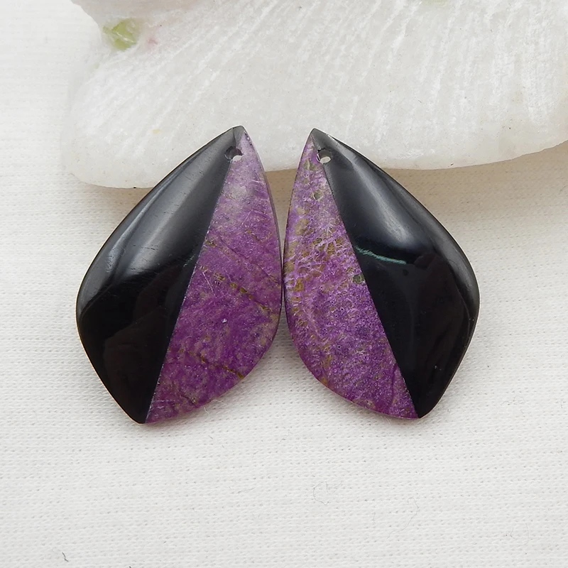 Semiprecious Fine Jewelry Natural Gemstone Obsidian And African Purple Stone Intarsia Earring Beads Accessories 31x20x5mm 7g